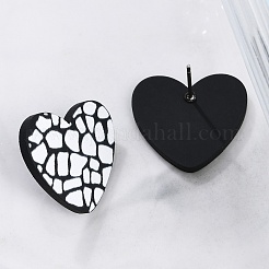 女性用ハートアクリルプリントスタッドピアス  304ステンレスピン付き  ブラック  18.5x20.5mm&nbsp;EJEW-G418-01F