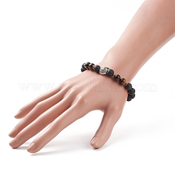 合金ビーズをあしらった天然溶岩とタイガーアイストレッチブレスレット  女性のためのアクセサリー用原石のアクセサリー  フクロウ模様  フクロウ：11x11x7mm  内径：2インチ（5.2cm）&nbsp;BJEW-TA00147-03