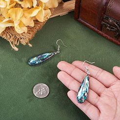 真鍮とアワビ貝のダングルイヤリング1組  ラックめっき  プラチナ  ティアドロップ  62.5x12.5mm&nbsp;EJEW-TA0001-87