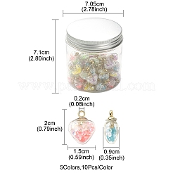 50 個 5 色暗闇で光る蓄光ガラスペンダント  内側に金色のプラスチックのペンダントベイルと樹脂のラインストーン付き  ハートチャーム  ミックスカラー  20x15x9mm  穴：2mm  10個/カラー&nbsp;GLAA-YW0001-94