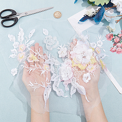 3dフラワーオーガンジーポリエステル刺繍オーナメントアクセサリー  アップリケパッチ  ミシンクラフト装飾  模造真珠ビーズ  ホワイト  350x290x1.5~6mm&nbsp;DIY-WH0297-20A