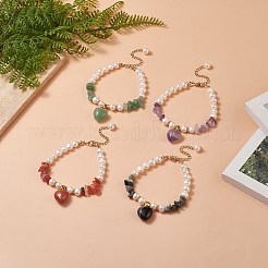 4 個 4 スタイルナチュラミックスジェムストーン & シェルビーズブレスレットセット女性用ハートチャーム付き  7-1/4インチ（18.5cm）  1個/スタイル&nbsp;BJEW-TA00242