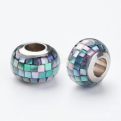 304ステンレススチール樹脂ヨーロピアンビーズ  シェルとエナメル  ロンデル  大穴ビーズ  ミックスカラー  12x8mm  穴：5mm&nbsp;RPDL-G001-A