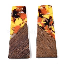 不透明な樹脂とクルミ材のペンダント  グリッターパウダー付き  台形  オレンジ  49x19x3.5mm  穴：2mm&nbsp;RESI-T058-04J