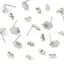 201ステンレススチールスタッドピアス金具10個、穴付き  304ステンレス鋼のピンとイヤーナット  花  10x9mm  穴：1.6mm  ピン：0.8mm&nbsp;EJEW-FS0001-14C