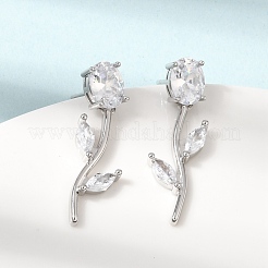 真鍮製マイクロパヴェキュービックジルコニアスタッドピアス  花バラ  鉛フリー＆カドミウムフリー  ラックめっき  長持ちメッキ  プラチナ  透明  30x11mm&nbsp;KK-CBA8324-20P-05