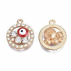メッキ合金エナメルチャームラック  クリスタルラインストーン付き  カドミウムフリー＆ニッケルフリー＆鉛フリー  アイチャーム付きフラットラウンド  ライトゴールド  ファイヤーブリック  20x17x3.5mm  穴：1.5mm&nbsp;ENAM-Q445-007A-01-NR