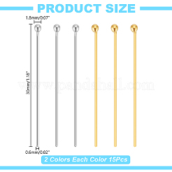 30個 2色 925スターリングシルバーボールヘッドピン  ゴールデン＆シルバー  30x0.6mm（22ゲージ）  ボール：1.8mm  30個/セット&nbsp;STER-AR0001-15
