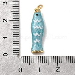 真鍮製エナメルペンダント  魚  長持ちメッキ  ラックめっき  丸カン付き  ゴールドカラー  ダークターコイズ  24.5x7.5x5.5mm&nbsp;KK-H092-08G-04
