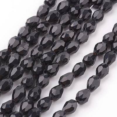 ガラスビーズ連売り  多面カット  ティアドロップ  ブラック  6x4mm  穴：1mm  約65~68個/連  14.96~15.35インチ&nbsp;GLAA-R024-6x4mm-13-1