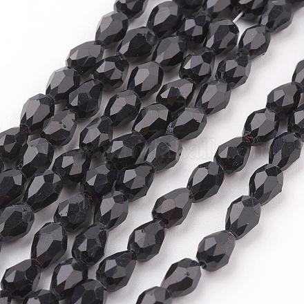 ガラスビーズ連売り  多面カット  ティアドロップ  ブラック  6x4mm  穴：1mm  約65~68個/連  14.96~15.35インチ&nbsp;GLAA-R024-6x4mm-13-1