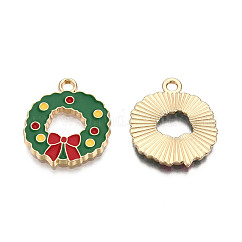 クリスマステーマ  合金エナメルチャーム  ライトゴールド  花輪  グリーン  20x17.5x1.5mm  穴：2mm