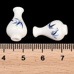 手作りプリント陶器ビーズ  葉の模様  青と​​白の磁器  花瓶  18x11mm  穴：2mm&nbsp;PORC-T136-03A-01