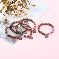 ウッドビーズ＆ストーンブレスレット  混合宝石  ウッドジュエリーのパーツでフラットラウンドココナッツペンダント  内径：2インチ（5.1cm）&nbsp;BJEW-JB06104