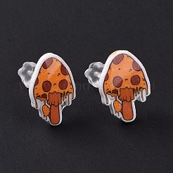 女性のためのプラピン付きアクリル漫画キノコのスタッドピアス  ダークオレンジ  14x10.5mm  ピン：1mm&nbsp;EJEW-F293-03D