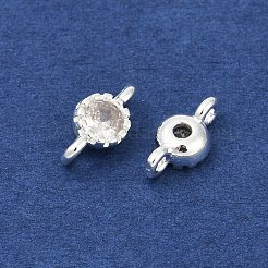 真鍮製キュービックジルコニアフラットラウンドコネクターチャーム  ラックめっき  長持ちメッキ  プラチナ  透明  9x4.5~5x3mm  穴：1mm&nbsp;KK-H204-02S-04