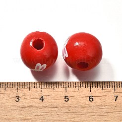 バレンタインデーの要素をプリントした木製ビーズ  ラウンド  ファイヤーブリック  16mm  穴：4mm&nbsp;WOOD-R002-01-22