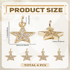 4個真鍮マイクロパヴェキュービックジルコニアチャーム  スター  丸カン付き  ゴールドカラー  11.5x10x2mm  穴：3mm&nbsp;ZIRC-LP0001-32