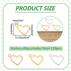 120個 3色 304ステンレススチールオープンペンダント  ハート  ミックスカラー  10x13.7x1mm  穴：1mm&nbsp;STAS-WR0001-19B