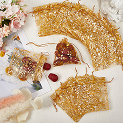 ローズプリントオーガンジーバッグ100個  結婚式の好意バッグ  ギフトバッグ  長方形  ゴールデンロッド  12x10cm&nbsp;OP-SP0001-06B