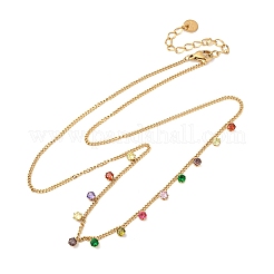 304ステンレススチールパヴェカラフルキュービックジルコニアフラットラウンドタッセルツイストチェーンネックレス（女性用）  イオンプレーティング（ip）  18KGP本金メッキ  16.14インチ（41cm）&nbsp;LS-NJEW-A051-04G