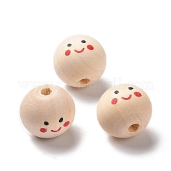 プリントウッドヨーロピアンビーズ  笑顔模様大穴丸ビーズ  染色されていない  ビスク  24.5x22.5mm  穴：4.9mm  約104個/500g&nbsp;WOOD-C001-03B-04