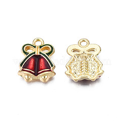メッキ合金エナメルチャームラック  カドミウムフリー＆ニッケルフリー＆鉛フリー  ライトゴールド  クリスマス鐘  暗赤色  16.5x13x3mm  穴：1.6mm&nbsp;X-ENAM-N055-156