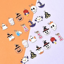 26pcs13スタイルハロウィーンテーマ合金エナメルペンダント  カドミウムフリー＆ニッケルフリー＆鉛フリー  プラチナ  混合図形  ミックスカラー  16.5~28x15~26x1~1.5mm  穴：1.6~2mm  2個/スタイル&nbsp;ENAM-FS0002-08
