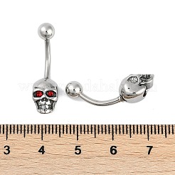 スカル 316 サージカルステンレススチール レッドキュービックジルコニア へそリング  へそピアス  女性用カーブバーベルボディジュエリー  アンティークシルバー  25.5x7x8mm&nbsp;EJEW-G416-34AS