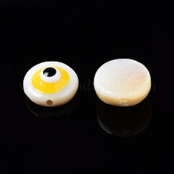 天然淡水シェルビーズ  エナメル  ナザールボンジュウ付きフラットラウンド  ミックスカラー  6x3~4mm  穴：0.8mm&nbsp;SHEL-N003-16