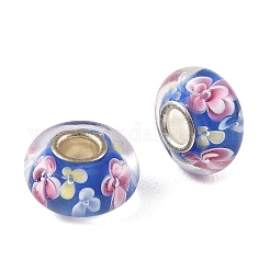 ランプワークと真鍮芯のヨーロピアンビーズ  大穴ビーズ  花とロンデル  藤紫色  15x7.5mm  穴：4mm&nbsp;LAMP-P019-01P-32