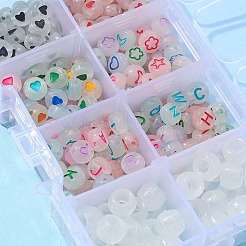 6 スタイル蓄光アクリル & 透明プラスチック ビーズ  暗闇で光る  ハート＆レター＆スター＆フラワー＆ハート＆ムーンのバレルとフラットラウンド  ミックスカラー  7x3.5~4mm  穴：1.2mm  約3590個/500g&nbsp;MACR-FS0001-24