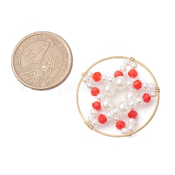 ガラスチャーム  貝パールビーズと金色の真鍮リング付き  スターとフラットラウンド  ミックスカラー  35x8mm&nbsp;PALLOY-JF03041