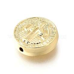 真鍮ビーズ  僧侶模様のフラットラウンド  カドミウムフリー＆鉛フリー  18KGP本金メッキ  11.5x3.5mm  穴：1.2mm&nbsp;KK-G529-05A-G