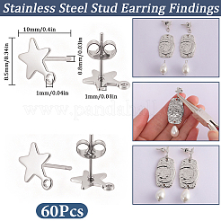 304ステンレススチールスタッドピアス金具60個  カン付き  スター  304ステンレススチール製イヤーナット80個  ステンレス鋼色  10x8.5x1mm  穴：1mm  ピン：0.8mm&nbsp;STAS-SC0021-31P