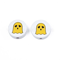 ハロウィンプリント天然木ビーズ  ゴースト模様のフラットラウンド  ゴールド  19~20x5.9mm  穴：2~2.2mm&nbsp;WOOD-T021-95