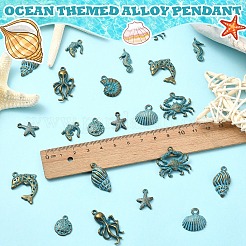 30pcs10スタイルチベットスタイルアロイペンダント  海の動物チャーム  アンティークブロンズ＆グリーングリーン  12.5~31x8.5~24x2~6mm  穴：1.5~2.3mm  3個/スタイル&nbsp;FIND-YW0007-08