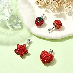 4pcs4スタイルポリマークレイラインストーンペンダント  プラチナトーンの鉄製ピンチベイル付き  レッド  13~16.5x8~10mm  穴：4.5x3.5mm  1個/スタイル&nbsp;FIND-YW0005-97