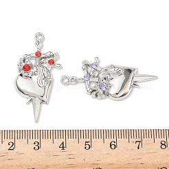 合金ラインストーンペンダント  ハートのチャームが付いた剣  プラチナ  ミックスカラー  40x19x4.5mm  穴：1.8mm&nbsp;FIND-L023-05P