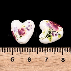 花柄プリントの磁器ビーズ  花柄のセラミックビーズ  ハート  赤ミディアム紫  15x15x7mm  穴：3mm&nbsp;PORC-Q152-11