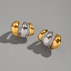 304ステンレススチール製ツートントリプルスタッドピアス  ゴールデン＆シルバー  26.3x19.3mm&nbsp;UN2842