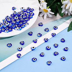 2連売り手作りのイーブルアイランプワークビーズ連売り  ハート  ブルー  6~7x8x3mm  穴：1mm  約47~49個/連  13.19~13.98インチ（33.5~35.5cm）&nbsp;LAMP-FH0001-08B