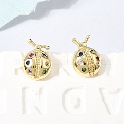 真鍮マイクロペーブカラフルな立方ジルコニアスタッドピアス  カドミウムフリー＆鉛フリー  長持ちメッキ  ラックめっき  てんとう虫  10.5x7.5mm&nbsp;EJEW-C186-19G-02