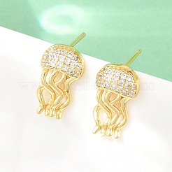 真鍮製マイクロパヴェキュービックジルコニアスタッドピアス  クラゲ  鉛フリー＆カドミウムフリー  長持ちメッキ  ラックめっき  18KGP本金メッキ  15x8.5mm&nbsp;EJEW-G471-19P