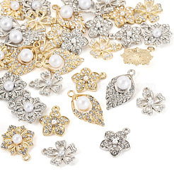 32pcs8スタイルアロイラインストーンペンダント  ABSの模造パールと  花と涙  プラチナ·ゴールデン  17.5~26x15~17.5x3.5~8.5mm  穴：1.6~2mm  4個/スタイル&nbsp;FIND-TA0006-35