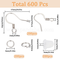 304ステンレススチールピアスフック200個  304ステンレススチール丸カン200個  200個のプラスチック製イヤーナット  ステンレス鋼色  4~14x4~17x0.6~2mm  穴：1~2mm&nbsp;DIY-SC0024-20
