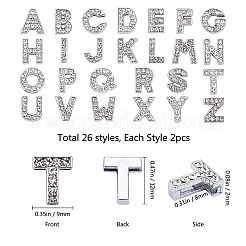 環境に優しい亜鉛合金スライドチャーム  ラインストーン付き  プラチナメッキ  a～zの文字  クリスタル  12x3~12x4.5mm  穴：8x2mm  52個/箱&nbsp;ALRI-SC0001-07P