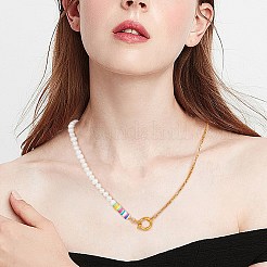 女の子の女性のためのヴィンテージナチュラルパールビーズネックレス  304ステンレススチールベネチアンチェーンネックレス  ゴールドカラー  18.7インチ（47.5cm）&nbsp;NJEW-SW00002-03