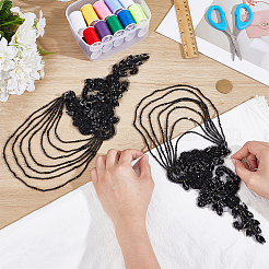 ラインストーン縫製装飾品1組  ガラスシードビーズで  花  ブラック  325x120x5.5mm&nbsp;DIY-NB0014-65B