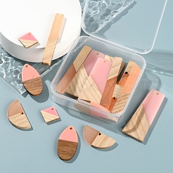20個5スタイルレジン＆ウッドセミサークルペンダント  半円形＆ティアドロップ＆菱形＆台形＆長方形  ピンク  14~52x7.5~28x3~4mm  穴：1.5~2mm  4個/スタイル&nbsp;RESI-LS0001-45